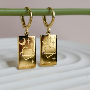 Gold Filled Tarot Karte Herz Ohrringe Hoop Ohrring Halskette SET Minimalist Rechteck Anhänger Charm Ohrringe Evil Eye Wasserdicht Frauen Geschenk