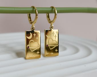 Gold Filled Tarot Card Heart Earrings Hoop Earring Necklace SET Minimalist Rectangle Pendant Charm Earrings Evil Eye Waterproof Women Gift