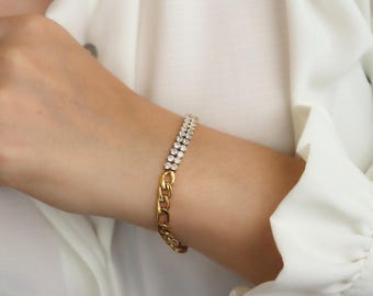 18K Gold Bracelet Half Cz Zirconia Stone Tennis Figaro Chain Toggle Clasp Couples Anklet WATERPROOF Jewelry Anti Tarnish Women Her Gold Gift