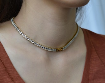 Gold Necklace Tennis Baguette ・ Necklace 18k Gold Moissanite Jewelry Stainless Steel Zircon Choker Dainty Jewelry Waterproof Women Choker