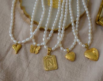 18K Gold Pearl Choker Necklace - Heart Locket Necklace - Custom Initial Pendant - Butterfly Heart Locket picture Necklace Waterproof Charms