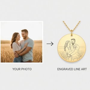 Engraved Photo Necklace: Personalized Photo or Text Gold WATERPROOF Chain Necklace Line Art Photo Image Necklace Gift For Her Christmas Gift