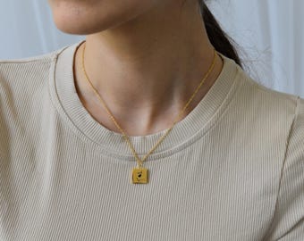 18K Gold Rose Flower Design Necklace French Retro Square Pendant Flower Necklace Gold Jewelry WATERPROOF Thin Dainty Minimalist Earrings SET