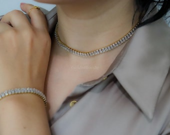 Gold Necklace Tennis Baguette ・ Necklace 18k Gold Moissanite Jewelry Stainless Steel Zircon Choker Dainty Jewelry Waterproof Women Choker