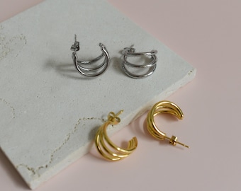 Silver Triple Line Stud Earrings • Sterling Silver Minimalist Hoops • Poppy Strip Earrings • Dainty Elegant Best Gift For Women WATERPROOF