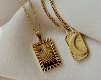 18K Gold FILLED Sun Moon Necklace Gold Square Rectangle Pendant Necklace, Waterproof Gold Jewelry Anti Tarnish Necklace Tarot Card Jewelry