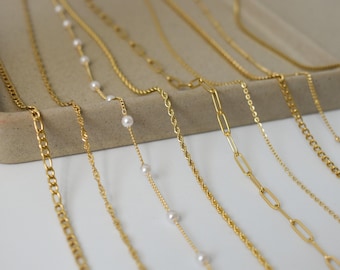 18K Gold FILLED Chain Necklace - Link Chain Twist Chain Figaro Chain Bead Herringbone Necklace Pearl Necklace for Women Men, Kids Waterproof