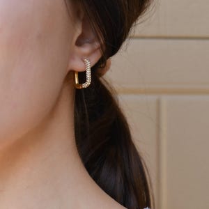 Gold Filled Crystal Hoop Earrings, Gold Huggie Hoops • Rectangle Oblong Hoop Earrings • Elegant Mom Earrings, Best Christmas Gift For women