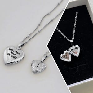 Silver Heart Locket Necklace, Custom Engraved Necklace, Photo Necklace, Personalized Gifts, Gift for Mom Dad Pet Dog Wife Anniversary Gifts