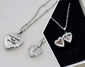 Silver Heart Locket Necklace, Custom Engraved Necklace, Photo Necklace, Personalized Gifts, Gift for Mom Dad Pet Dog Wife Anniversary Gifts