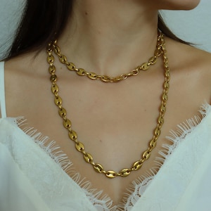 18K Gold Coffee Bean Necklaces - Women and Men Punk Hip Hop 8mm Thick Stainless Steel Jewelry Pig Nose Link Choker Waterproof Gift Necklace