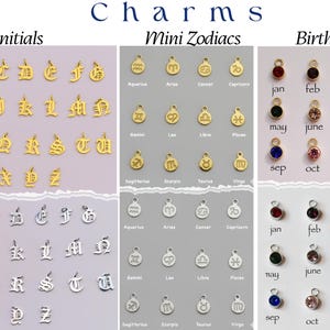 May include: Image of gold and silver charms with initials, zodiac symbols, and birthstones. The charms are displayed in rows, with each charm having a small loop for attachment. The text "Charms" is at the top.
