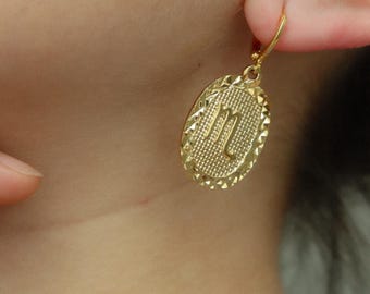 Gold Oval Zodiac Sign Earrings Constellation Hoop Huggies Dangle Earrings Large Necklace Set Personalized Birthday Anniversary Jewelry Gift