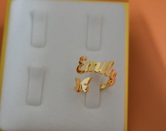 Custom Name Rings · Emily Emma Gold Filled Custom Name Rings Butterfly Adjustable Open Rings · Gold Her Stackable Minimalist Gift for Women