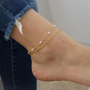 Women Gold Anklet ・ Ankle Bracelet Boho Indian Anklet ・ Waterproof Snake Link Chain Jewelry Beaded Gold Filled Pearl Anklet ・ Birthday Gift