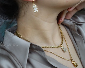 Gold Teddy Gummy BEAR Earrings Necklace SET Gold Charm Pendant Teddy Bear Animal Hoop Earrings Waterproof Jewelry Gif for Her Friend Sister