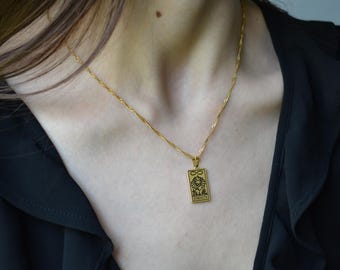 Gold Strength Zodiac Sign Tarot Card Necklace Non Tarnish Lion Power Force Sun Fortune Star Moon Heart Mystic Jewelry Astrology Personalized