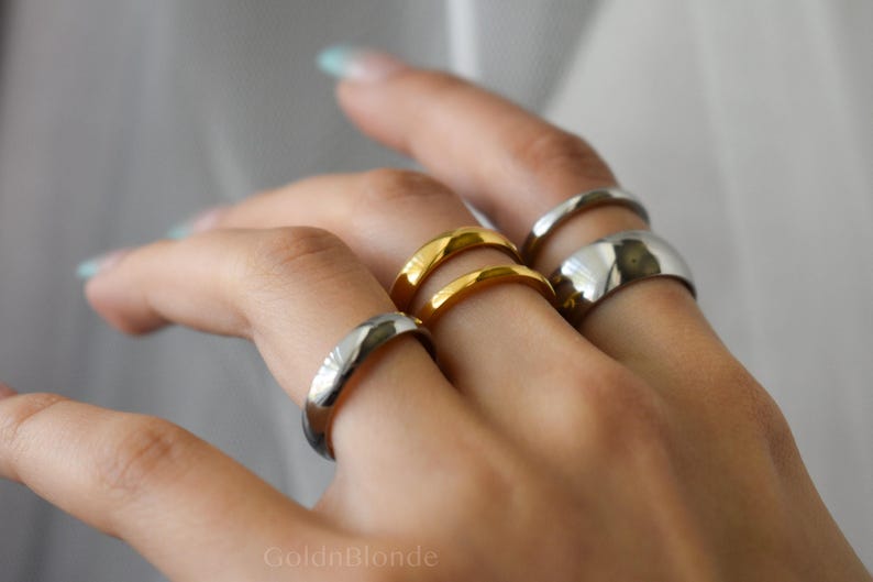 Silver Wedding Band Rings, Gold Band Ring, Personalized Engraved Stackable Rings Couple Rings, WATERPROOF Name Date Love Memorial Mens Rings image 2
