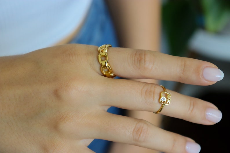 Gold Chain Ring Gold Over Stainless Steel Waterproof Vintage Style Statement Ring Signet Waterproof Jewelry Non Tarnish Finger Rings Gift image 8