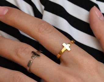 Gold Filled Cross Rings ・ Silver Cross Rings, Adjustable Ring, Plus Sign Stackable Minimalist Rings Women Religions Jesus Unique Her Jewelry