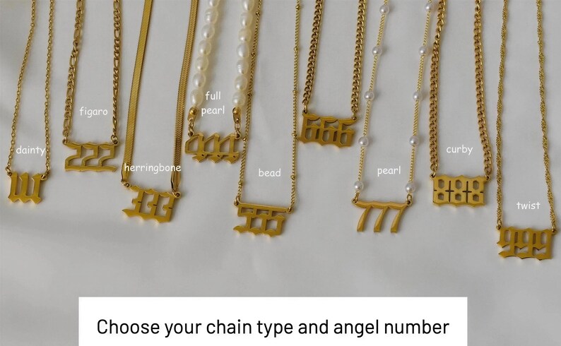 a collection of gold necklaces with various numbers and designs, including 555, 666, 777, and 999.