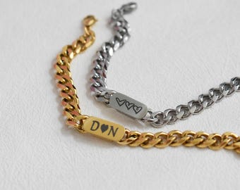 Gold Silver Curby Bracelet Miami Solid Chain with Flat Bar Name Engraving, Name Custom Personalized Bracelets Waterproof No tarnish Jewelry
