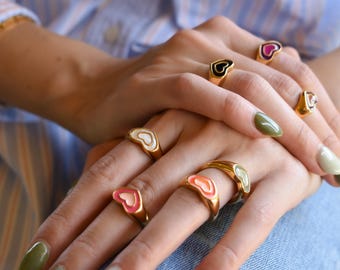 Gold Filled Colorful Heart Rings - Statement Love Ring Pink Green Red White Black Purple Black Heart Rings Gift Gold Stackable HerJewelry