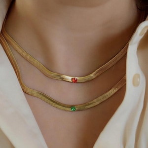 Gold Necklace with Ruby Emerald Gem - Herringbone Choker Gold Jewelry Women Elegant Modern Waterproof Handmade Gift for Her Girl Girlfriend
