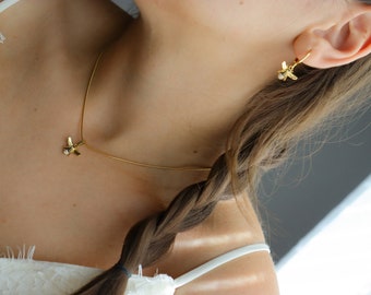 18K Gold Bee Charm Necklace - Bee Pendant Necklace Earrings Set- Gold Filled Huggies Earrings- Dangle Bee Charm Jewelry- Birthday Gift Set
