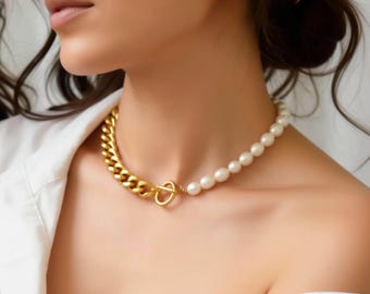 18k GOLD Baroque Pearl Chain Choker Toggle Clasp Handmade Jewelry Necklace Earrings Thick Chunky WATERPROOF Hot Gift for Wife Mom Her