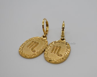 Gold Oval Zodiac Sign Earrings Constellation Hoop Huggies Drop Dangle Earrings Large Necklace Personalized Birthday Anniversary Jewelry Gift