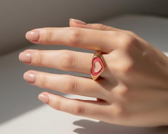 Colorful Statement Heart Rings Stackable Pink Green Red White Black Purple Black Heart Rings Gold Jewelry Shower Ready Custom Engraved Rings