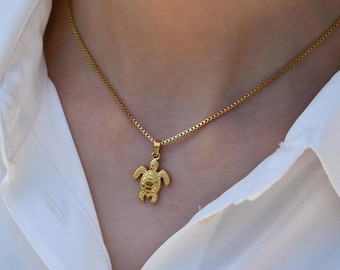 GOLD Sea Turtle Pendant Necklace Tortoise Charm Jewelry, Cute Animal Lover Loggerhead Her Unique Necklace WATERPROOF Beach Minimalist