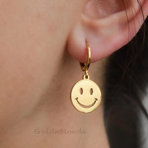 Smiley Face Charm Earrings Jewelry・GOLD Emoji Solid Hoop Earrings WATERPROOF Gift Personalized Necklace Christmas Happy Day Gift Girl