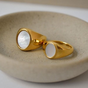 Gold Filled Statement Band Ring - Oval Vintage White Mother of Shell Signet Ring Style Gold Jewelry Waterproof Jewelry Personalized Mom Gift