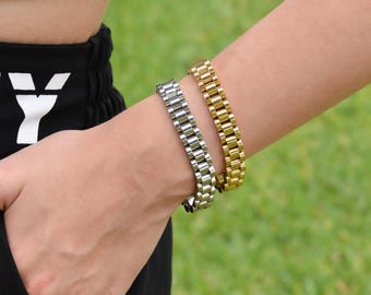 Gold Watch Link Bracelet Waterproof Customized Personalized Name Engraving Jewelry Women Bracelet Men Bracelets Cuff Bangle Hot Summer Gift