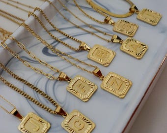 18K Gold Initial Letter Necklace | Medal Initial Pendant Necklace Square Alphabet Rectangle Medallion WATERPROOF | Personalized Gift for Her