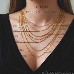 a close-up view of a person's neck and chest area, featuring a variety of gold chain necklaces of different lengths and types.