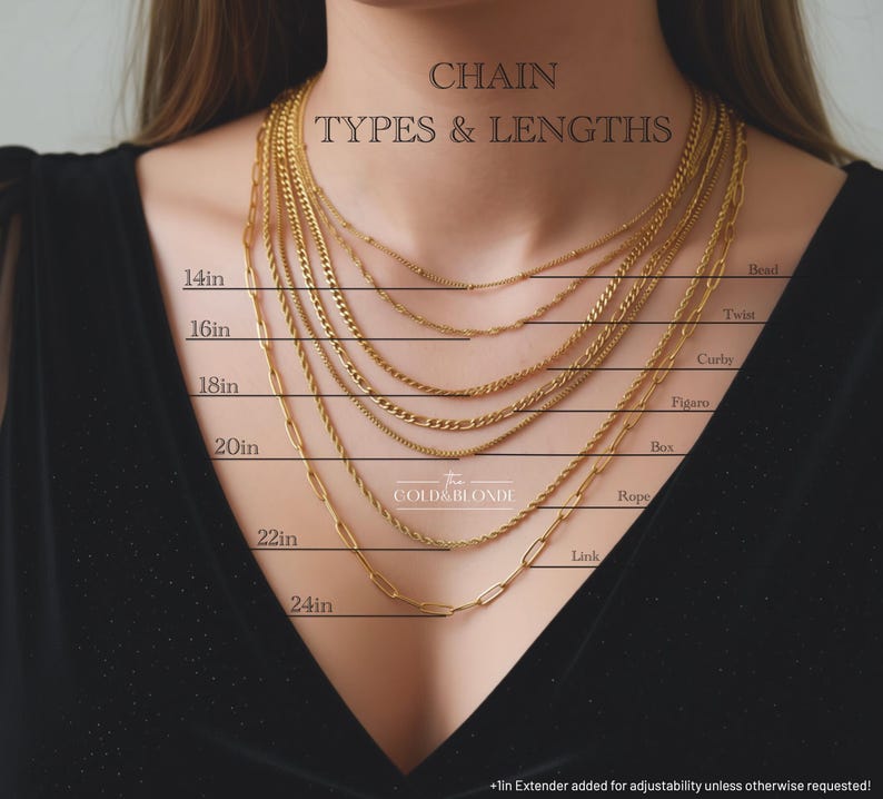 a close-up view of a person's neck and chest area, featuring a variety of gold chain necklaces of different lengths and types.