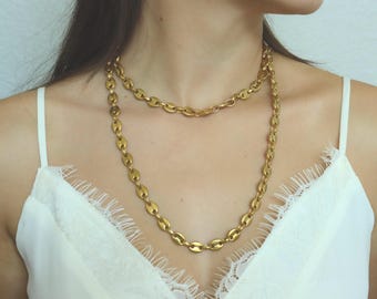 18K Gold Coffee Bean Necklaces - Women and Men Punk Hip Hop 8mm Thick Stainless Steel Jewelry Pig Nose Link Choker Waterproof Gift Necklace