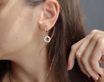 Gold FILLED Hoop Earring- Crystal Earring Necklace SET- Zircon Gemstone Necklaces -Best Gift St Valentine's Jewelry- Adjustable Smiley charm