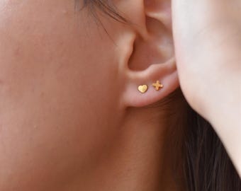 Kid Toddler Heart Stud Earrings • Love Plus X Cross Minimalist WATERPROOF Gold Solid Earring Best Gift For Daughter Newborn Baby Women Child