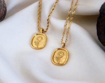 Sun Flower Necklace GOLD Personalized Oval Coin Birthday Girl Gift for Her WATERPROOF Personalized Jewelry Christmas Birthday Pendant Gifts