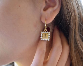 Gold Initial Drop Earrings · Letter Earring Necklace SET · Square Crystal Earrings - Gold Hoop Earrings - Non-Tarnish Women Jewelry Set