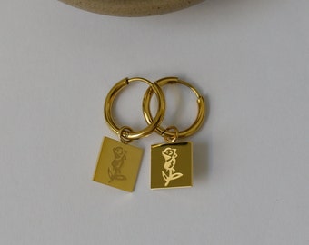 18K Gold Filled Flower Thin Hoop Earrings Rose Charm Necklace SET Jewelry Huggie Dangle Earrings Flower Engraved Custom Gift Women Daughter