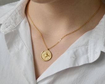 Gold Filled Compass Charm Necklaces - Non Tarnish Waterproof Pendant Chain Coordinate Compass North South Minimalist Christmas Her Gift