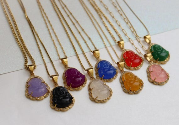 Buddha Necklace - Jade Lotus Wisdom Mystic GOLD Necklace Emerald Topaz Black Ruby and Pink Stones WATERPROOF Christmas Gift for Her