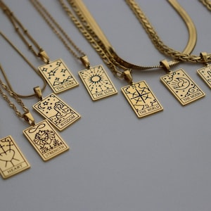 Gold Rectangle Zodiac Sign Tarot Card Necklaces Anti Tarnish Tarot Birth Month Jewelry Sun Fortune Star Moon Heart Minimalist Mystic Jewelry