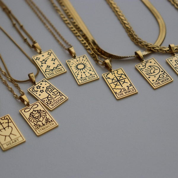 Gold Rectangle Zodiac Sign Tarot Card Necklaces Anti Tarnish Tarot Birth Month Jewelry Sun Fortune Star Moon Heart Minimalist Mystic Jewelry