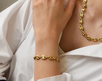 Gold Coffee Bean Bracelet for Women- Gold Filled Stainless Jewelry Set- Link Choker Bracelet- Best Gift Set- Waterproof Necklace Anklet Set